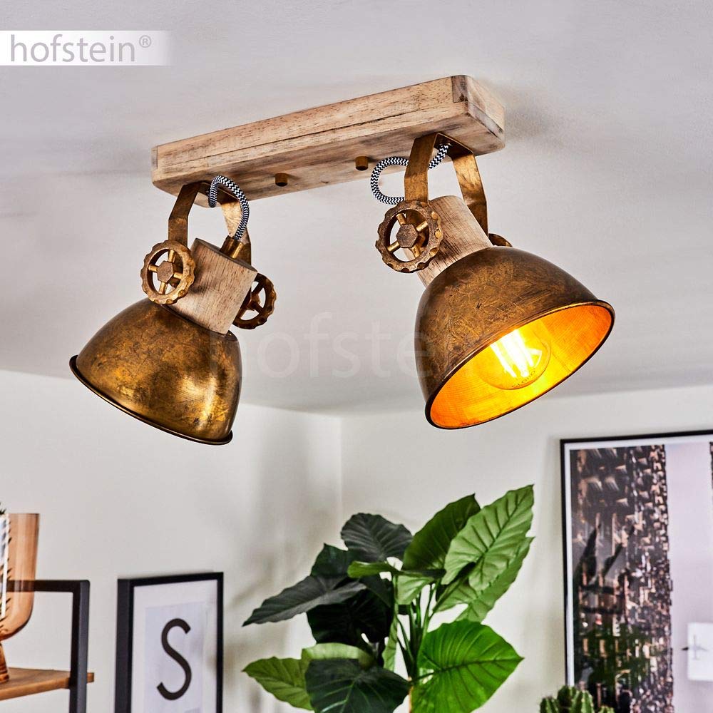 Lampada da soffitto Orny, lampada da soffitto a 2 luci in legno e metallo color bronzo, lampada da camera dal look industriale, 2 x E27, le teste delle lampade sono regolabili, senza lampadina/e