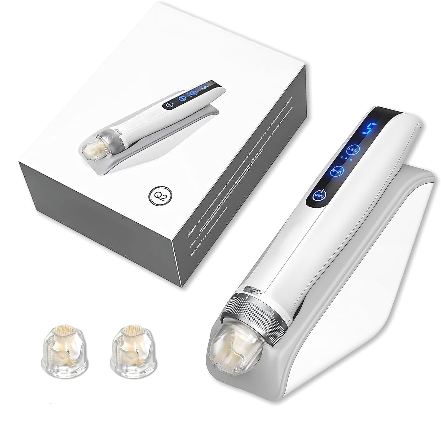 Bio Pen Q2 3 in 1 Microneedling Pen - Dermapen con elettroporazione EMS e cura della luce LED, wireless, touchscreen, regolazione della profondità 0-1,5 mm, con 2 cartucce di ricambio sterili