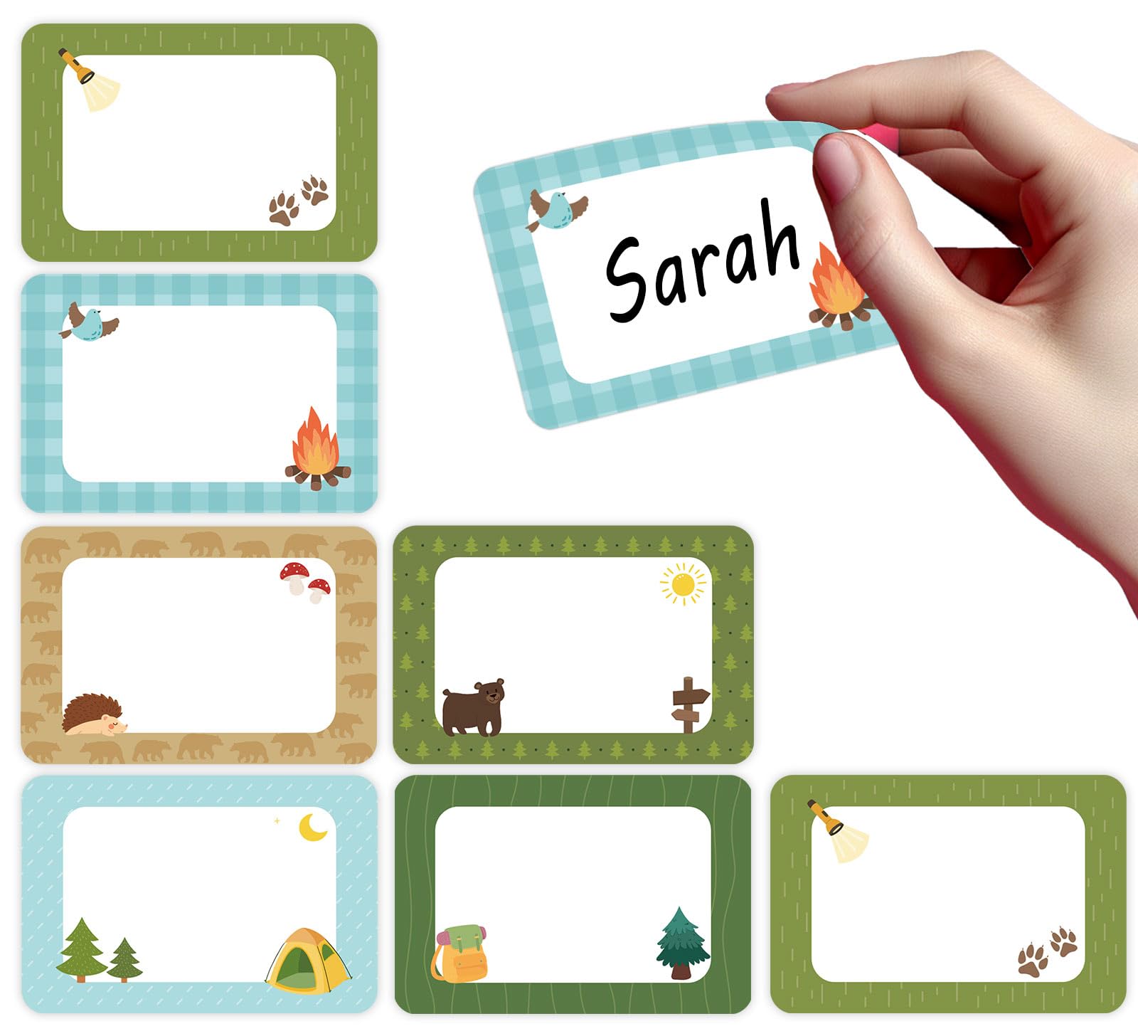 Whaline 180 Pcs Camping Name Tag Stickers Self-Adhesive Nameplate Decal Camper Tent Woodland Forest Blank Name Label for Back to School Classroom Bulletin Board Desk Wall Decor