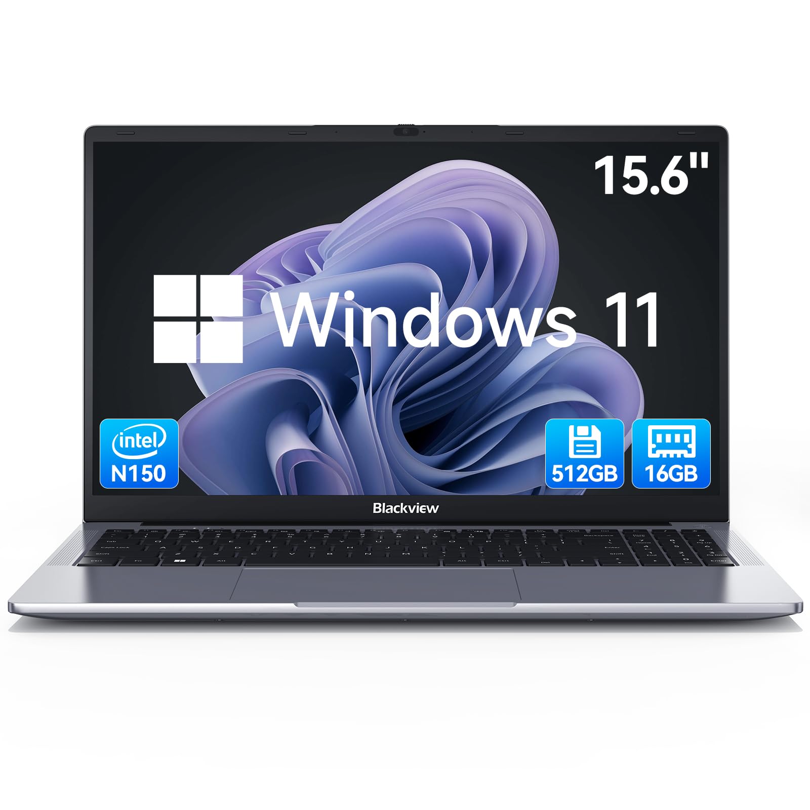 Blackview 15,6 Pollici PC Portatile,N150(Superiore N95/N97) fino a 3,6GHz,16GB RAM 512GB SSD Notebook,Schermo FHD IPS,Filtro Luce Blu,100W Type-C,HDMI 4K, Bluetooth,WiFi 5,QWERTY,Windows 11