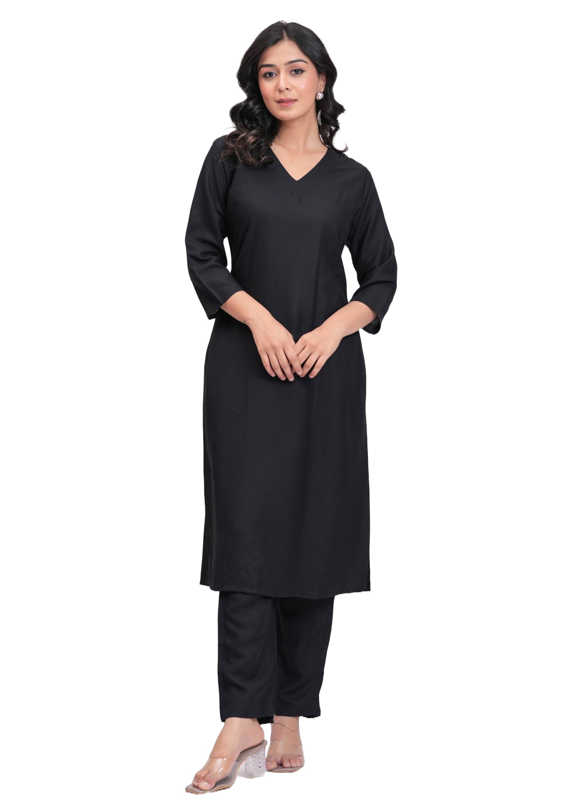 ANILINE Women's Rayon Solid plain v neck kurta Trouser/Pant set-image-3