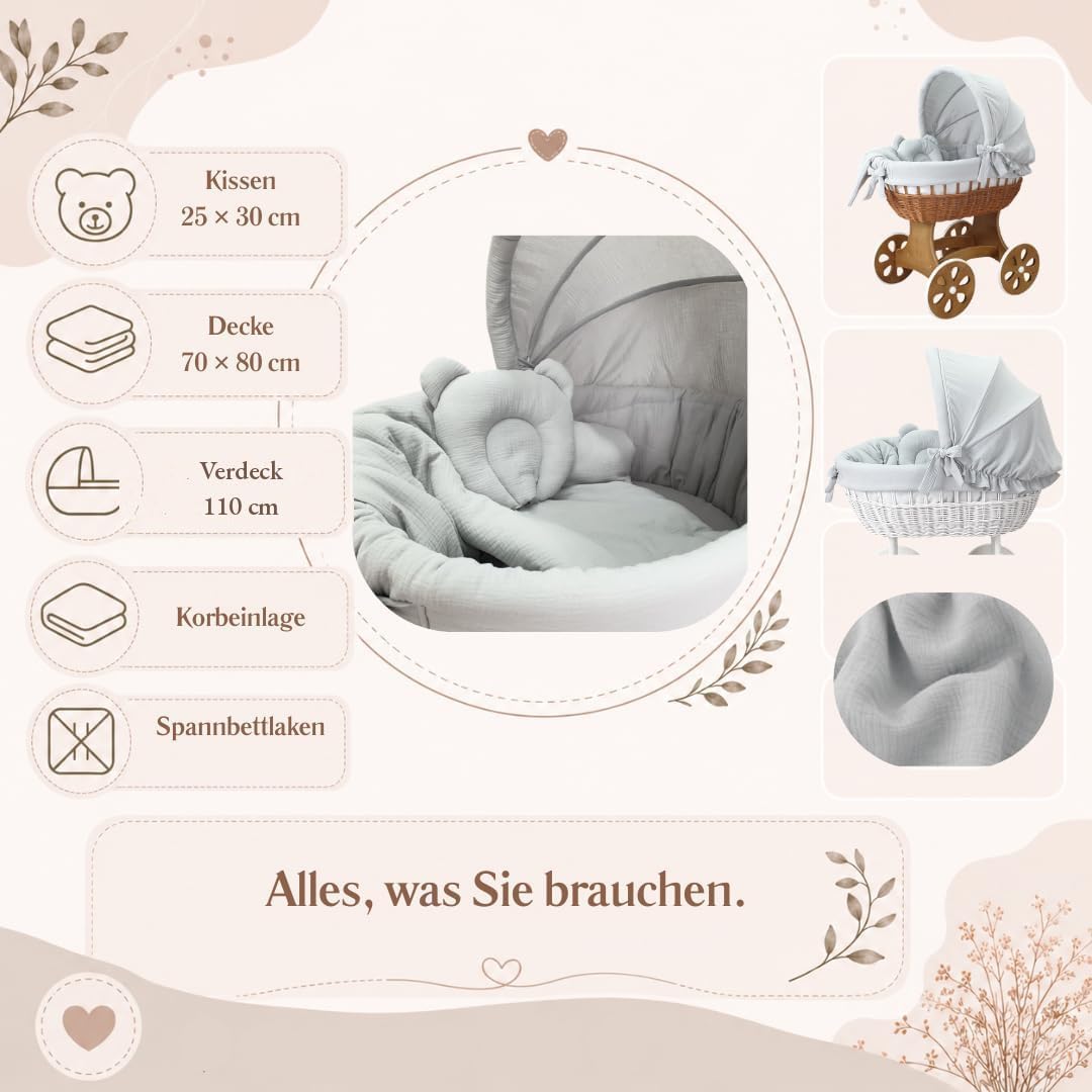 Wiklinopol Baby Bettwäsche Set 5-teilig Musselin Verdeck 110 cm Grau | Stubenwagen Bezug Set, Babybettwäsche aus 100% Baumwolle, Decke 70x80 cm, Kissen 25x30 cm, Spannbettlaken, Einlage Ø 260 cm