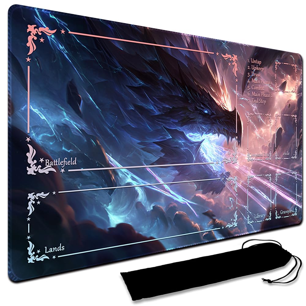 Large Art Gaming Playmat with Carrying bag, Custom Design Card Game Mat for mtg Playmat, Suture the edges,Compatible with Standard Card Sleeves 60CM x 35CM (With Zone,4)