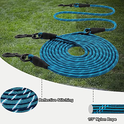 Btinesful 12Ft 20Ft 30Ft Reflective Dog Tie Out For 2 Dogs, No Tangle 1/3 Inch Nylon Rope Tether For Two Dogs, Dog Trolley Runner For Yard Outdoor Camping Blue #TOP2