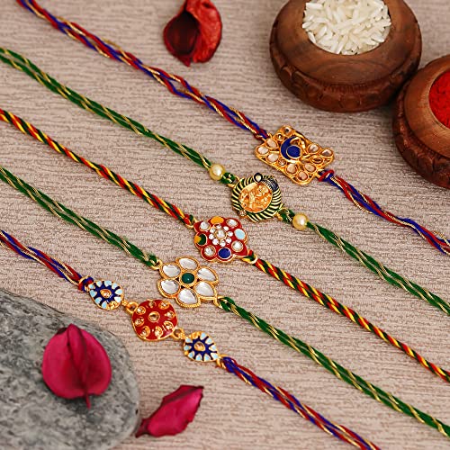 Image of eCraftIndia Set of 5 Designer Rakhis for Brother Bhaiya Bhai | Best Bro Ever Fridge Magnet | Raksha Bandhan Rakhi Combo | Roli Chawal Pack