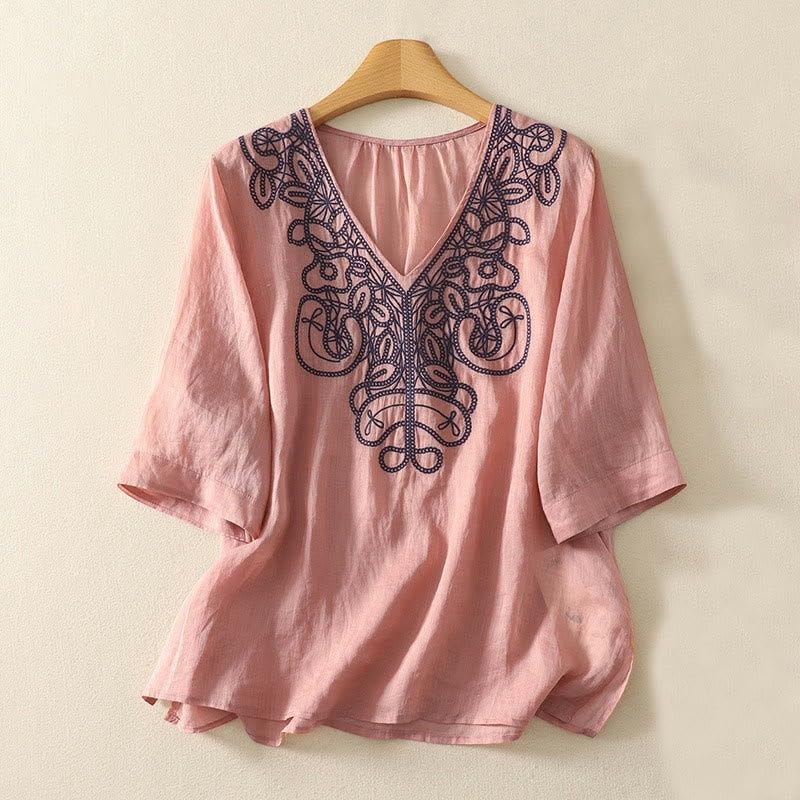 Image of RIEKA Womens Tunic Top with Floral Embroidery V Neck 3 /4 Sleeve Relaxed Fit Casual Ethnic Fusion Top Lightweight Sheer Fabric Everyday Wear for Women