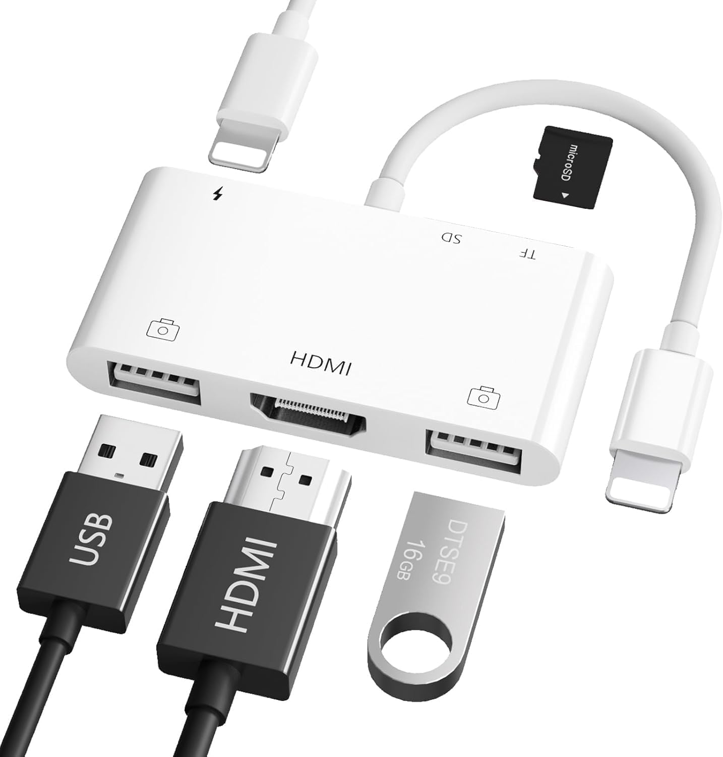 Lightn-ing HDMI+USB*2+SD/TF 変換アダプタ i-Phone 用 HDMI変換ケーブル 1080P ビデオ再生 遅延なし ライト-ニング 3カメラアダプタ 双方向 データ伝送 OTG用 カメラアダプター SDカードリーダー 高速データ転送 TFカードカメラリーダー Digital AVアダプター I-PAD/I-PHONE専用 IOS対応