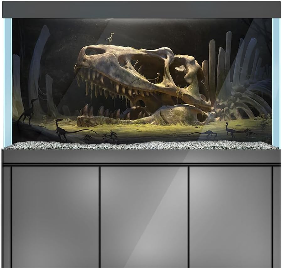 Aquarium Background Stickers - Dinosaur, Skull, Teeth - Fish Tank Reptile Terrarium Decor Poster (90 x 60 cm / (35.4 x 23.6 inches))
