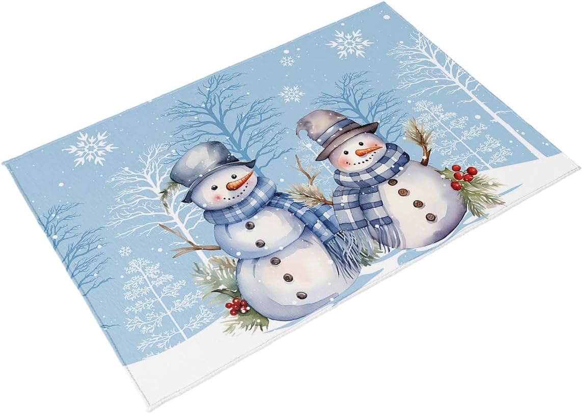 Outdoor Rug, Christmas Snowman Snowflake Tree Scarf Pine Needle Winter Blue Absorbant Non-Slip Area Rugs Mat Carpet for Patio Balcony Porch Backyard Deck Rv Camping 6x9 ft