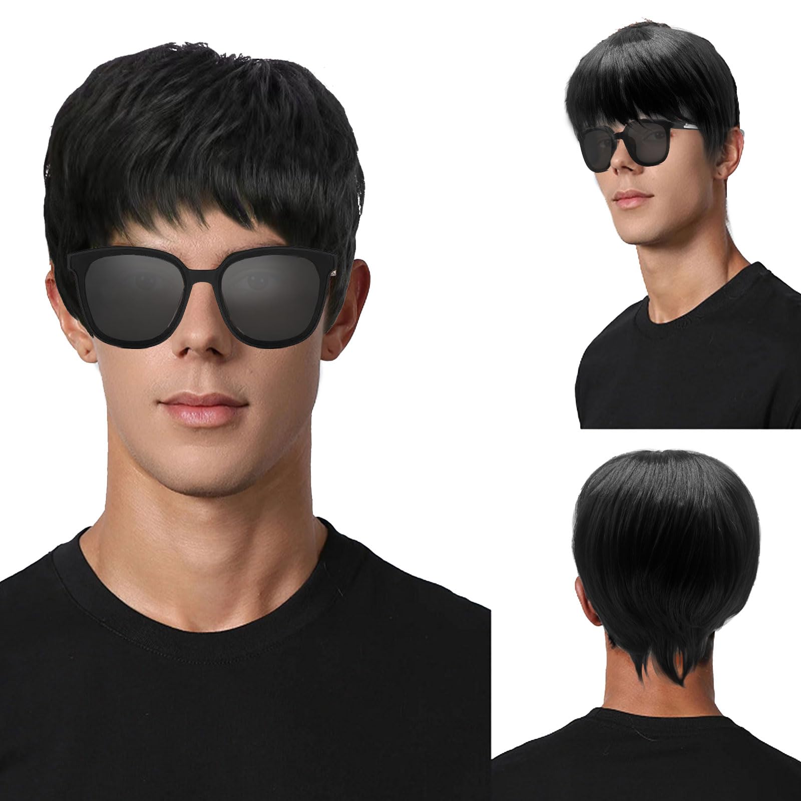 TSHAOUN Mens Short Wig Black Layered Natural Synthetic Cosplay Hair Wig, 70s 80s Disco Short Straight Fluffy Costume Wigs