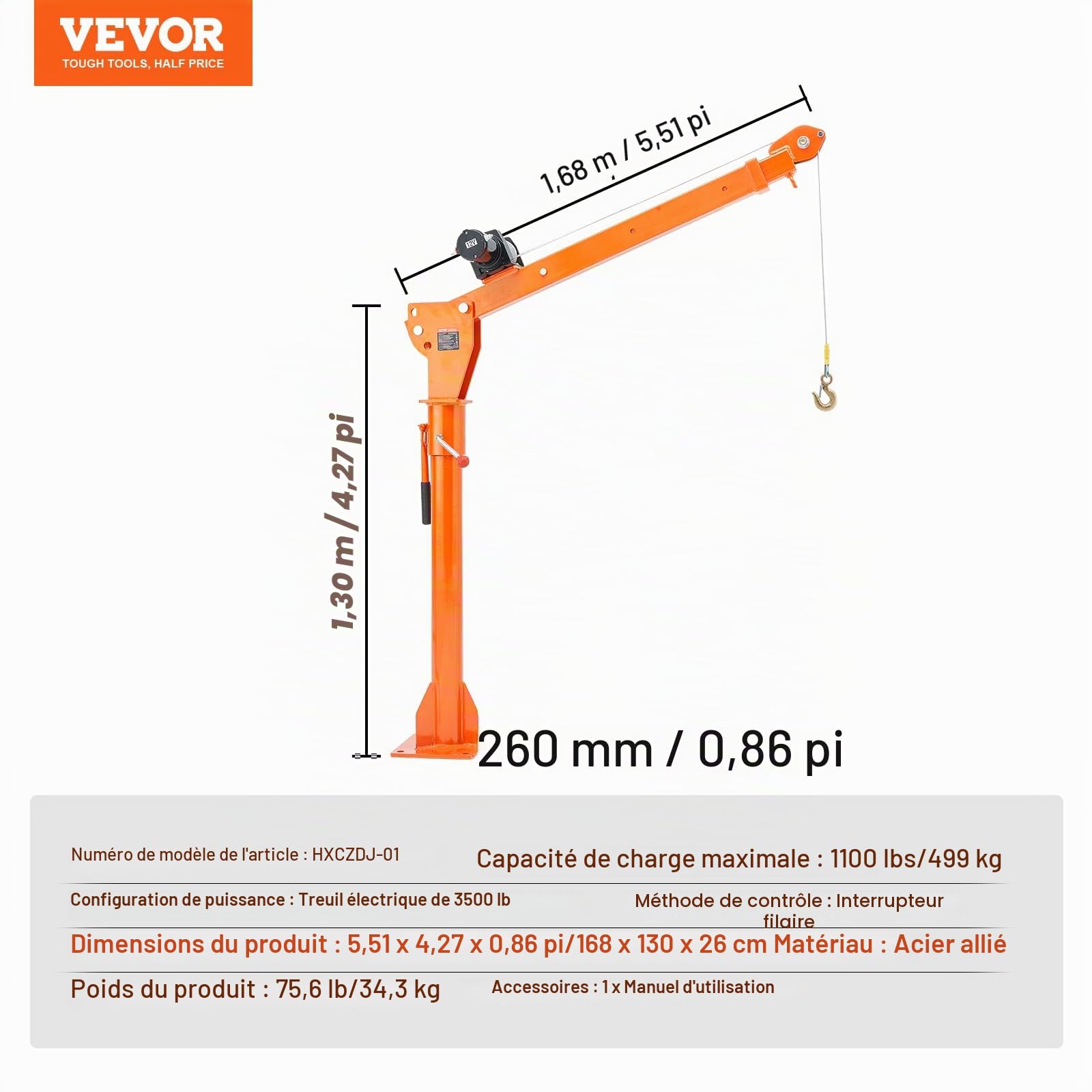 VEVOR Grue de levage électrique pour camionnettes, 499 kg, grue montée sur attelage avec treuil électrique de 1587 kg, en acier, pivotante à 360°, pour levage de marchandise dans construction, usine