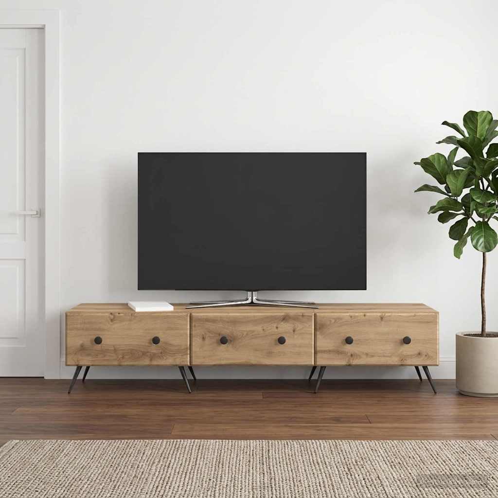 Hothingwell Szafka pod telewizor 147 x 34,5 x 30 cm dąb rzemieślniczy drewno inżynieryjne | Nowoczesny design, półki i szuflady, przechowywanie DVD, uchwyt na ekran, wymagany montaż