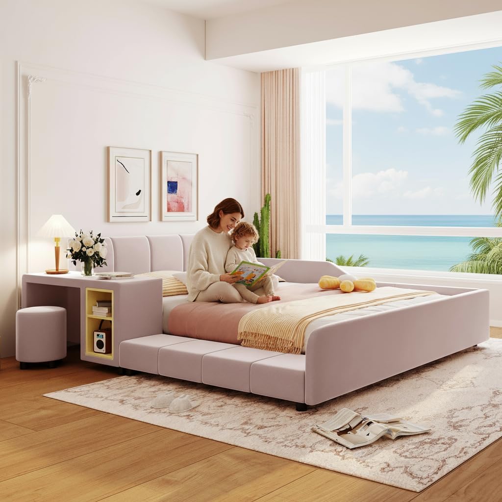 Merax Queen Size Upholstered Plush Velvet Pink Mother and Baby Bed with Large Cushioned Ground Bed, Bedside Table,and Round Stool,Pink