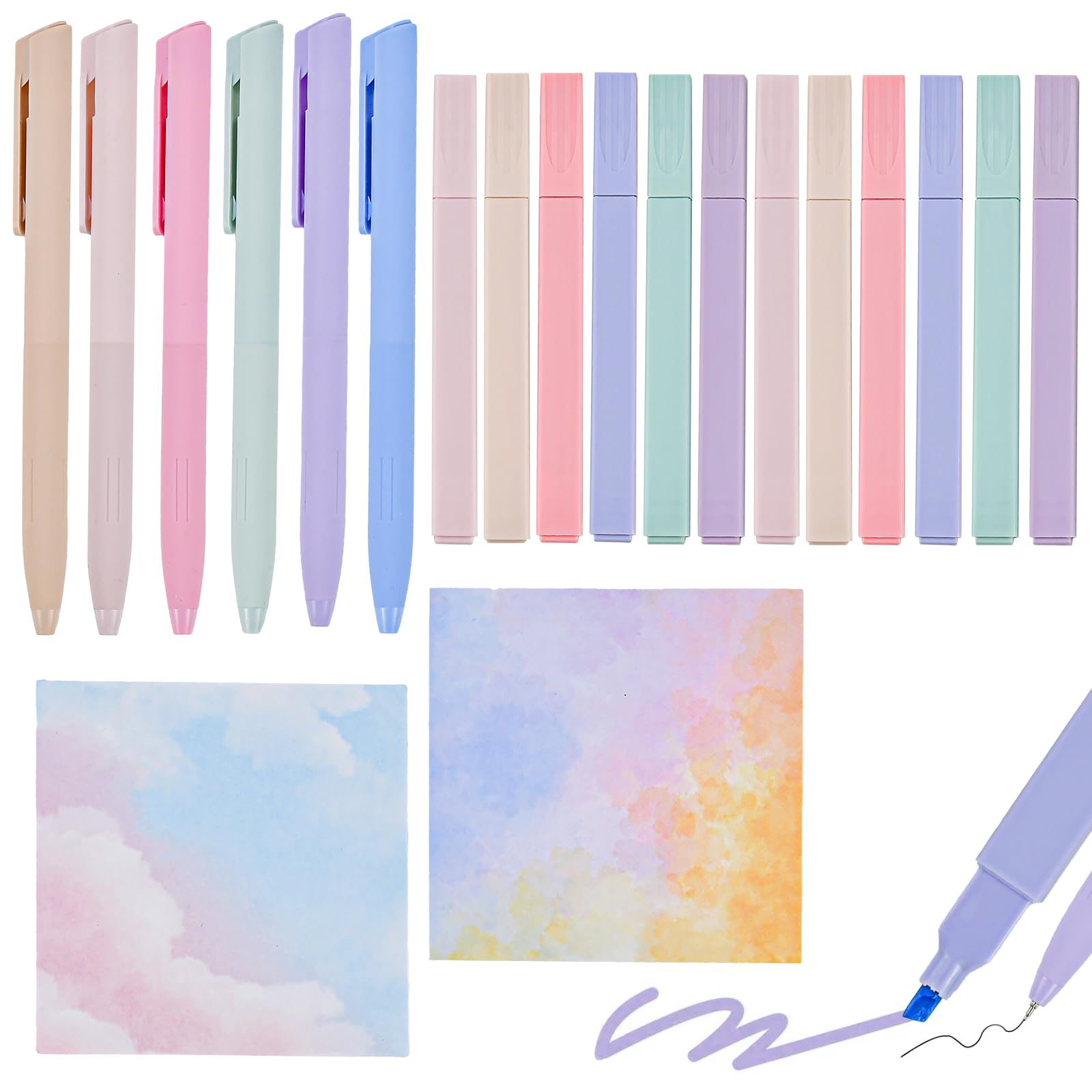 BUZIFU 18 Pcs Pastel Highlighters 12 Aesthetic Highlighters and 6 Fineliner Pens 200 Sticky Notes Soft Chisel Tip Bible Highlighters Marker Pens No Bleed for Journaling Notes School Office Supplies