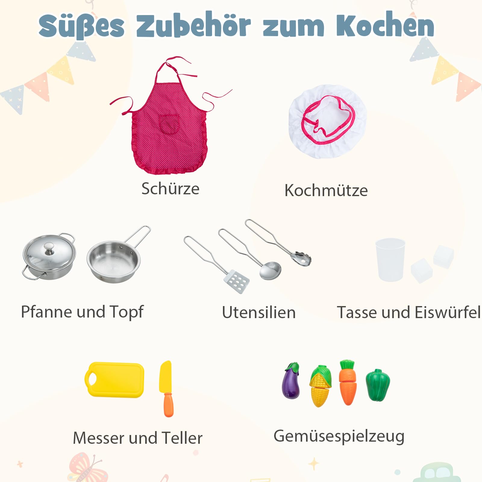 DREAMADE Kinderküche aus Holz mit 16 TLG. Spielzubehör, Kinder Küche Eckküche mit Tafel Herd Spüle Backofen, Spielküche mit Licht und Sound für Kinder Mädchen ab 3 Jahren(Weiß)
