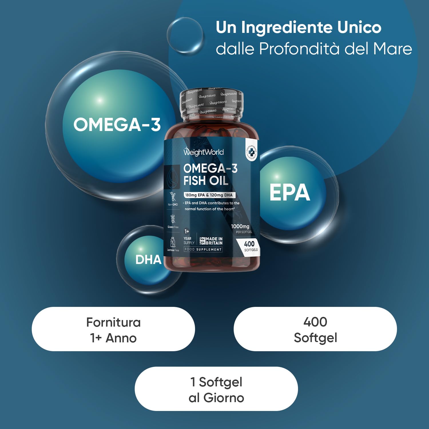 Omega 3 Olio di Pesce, 400 Softgel, (Fornitura 1+ Anno), 1 Softgel al Giorno, Omega3 Fonte di Acidi Grassi Essenziali, EPA e DHA Contribuiscono alla Normale Funzione del Cuore (EFSA), Fish Oil 1000mg