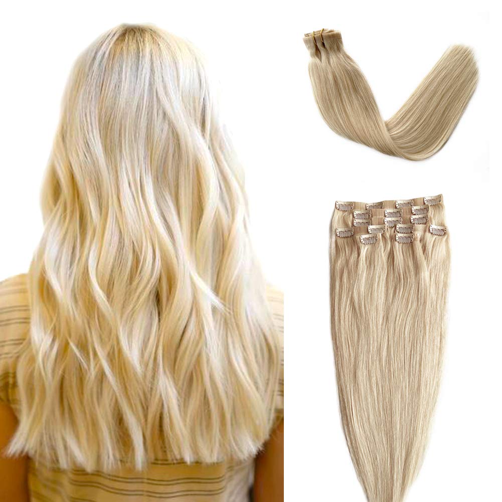 Ubetta Hair Extensions-Platinum Blonde Clip in Hair Extensions, 7 Pieces Double Weft Remy Clip in Human Hair Extensions Blonde Hair for Women 16 Inch 100Gram…