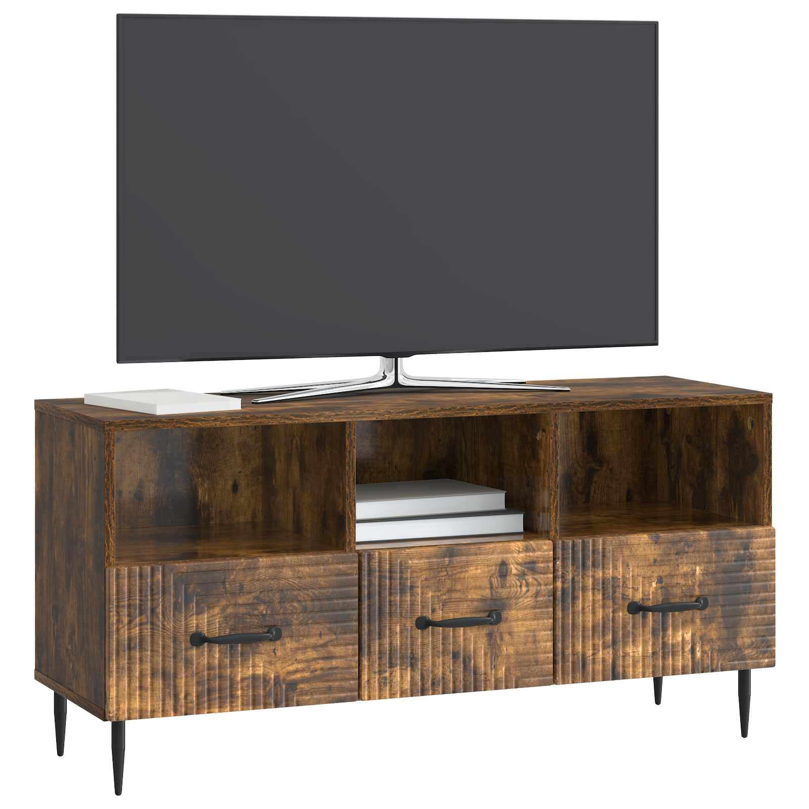 Szafka pod telewizor, dąb wędzony, 102 x 34,5 x 50 cm, materiał drewnopochodny z 3 szufladami, metalowe nogi czarne, meble multimedialne do salonu, kina domowego, porządek
