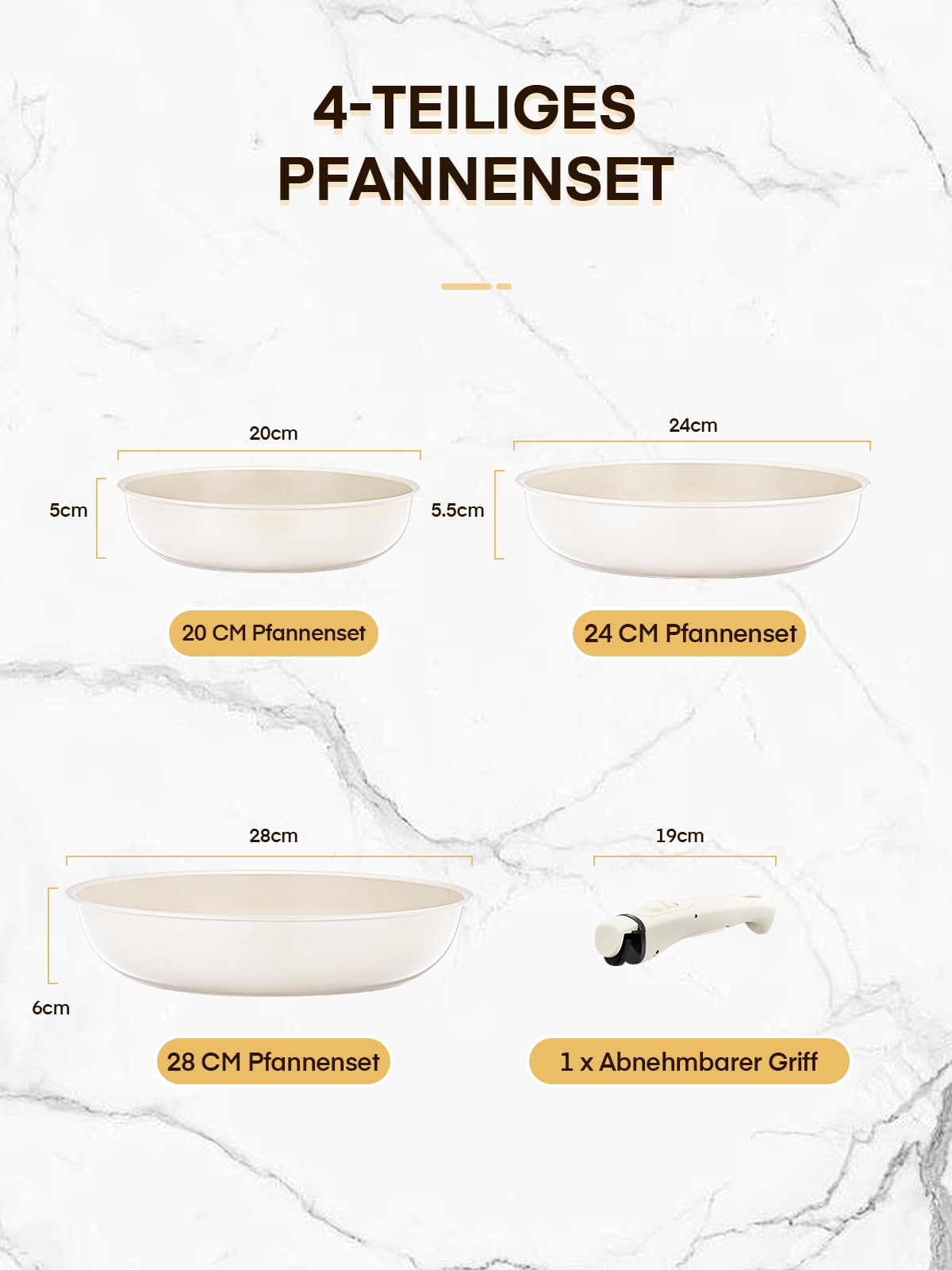 FOHERE Pfanne Induktion, 3-Teiliges Pfannenset Induktion mit abnehmbarem Griff, Bratpfanne 28/24/20 CM für alle Herdarten, Ceramic Antihaftbeschichtung Pfanne, Backofenfest, Spülmaschinenfest, Beige
