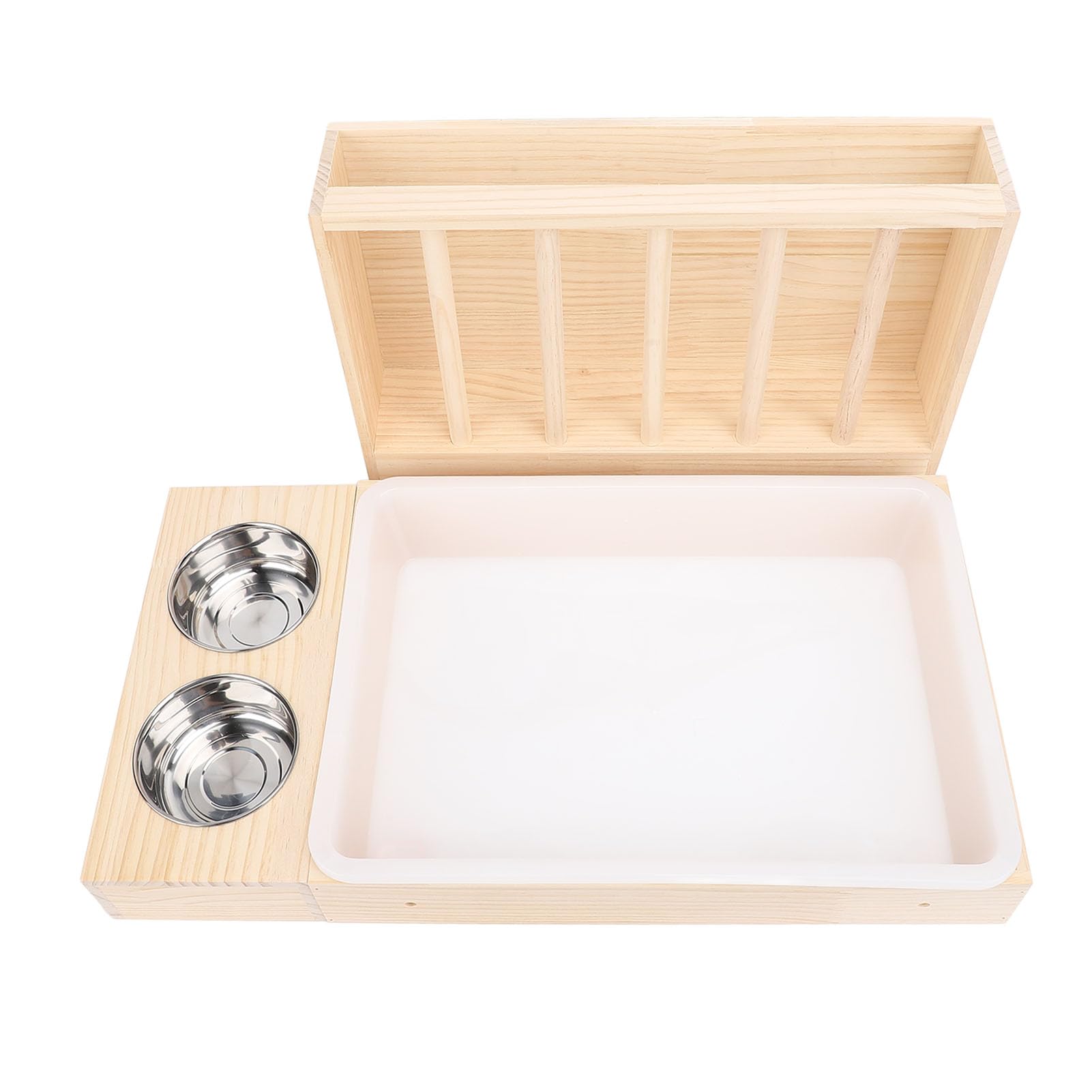 YUYTE Comedero 3 en 1 con Caja de - Comedero de Madera para Conejos con 2 Cuencos de Acero Inoxidable para Conejos, Chinchillas y Hámsters