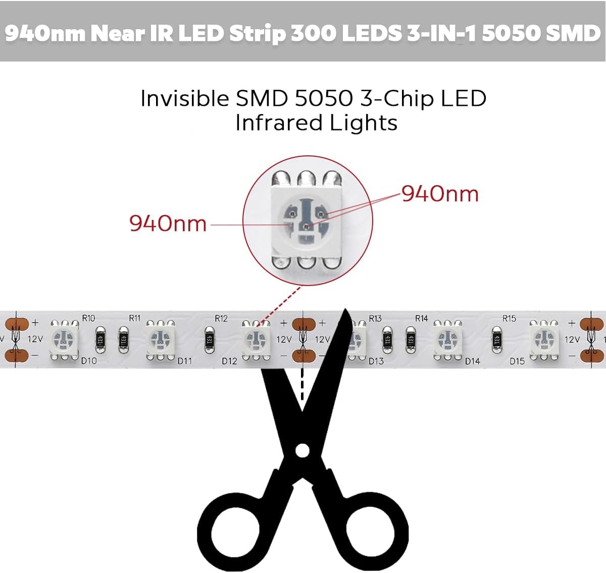 Zero Red Glow 940nm IR LED Strip - 12V 72W 5M/16.4Ft Flexible Tape IP20 Non-Waterproof Cuttable for Night Vision Photography & Infrared Light Therapy (940nm, 300 LEDs, 5050 SMD)