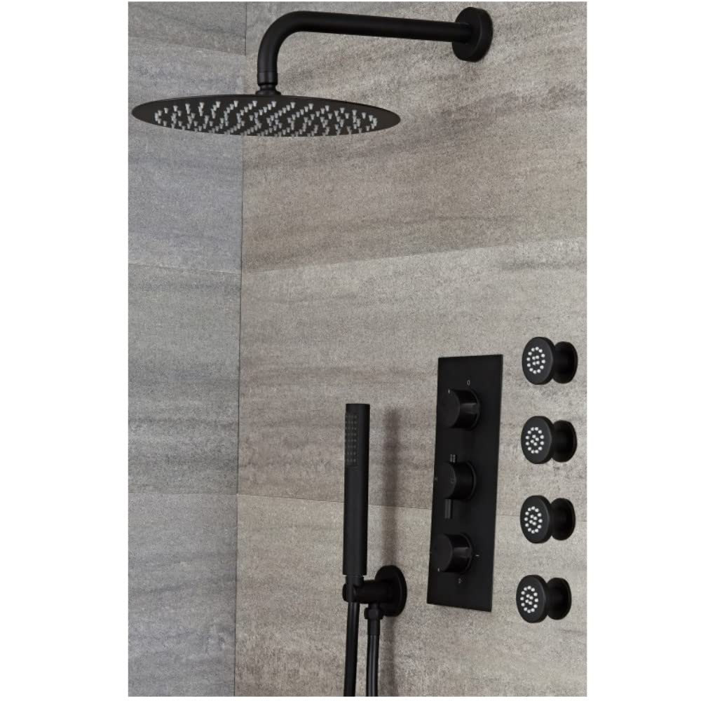 Milano Black Nero Thermostatic Mixer Valve 300Mm Round Shower Head Handset Body Jets