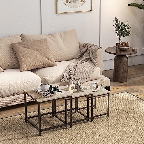 HOMCOM 3er-Set Couchtisch Quadratischer Beistelltisch, Sofatisch mit Stahlrahmen, Kaffeetisch, Satztisch mit Holzoptik, Wohnzimmertisch im Industriedesign, Natur – Bild 3