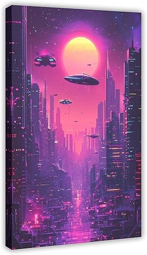 XAHOR 80s Style Neon City Print Retro Futurism Wall Art for Office, Studio, Dorm Decor Canvas Wall Art Print Poster For Home School Office Decor