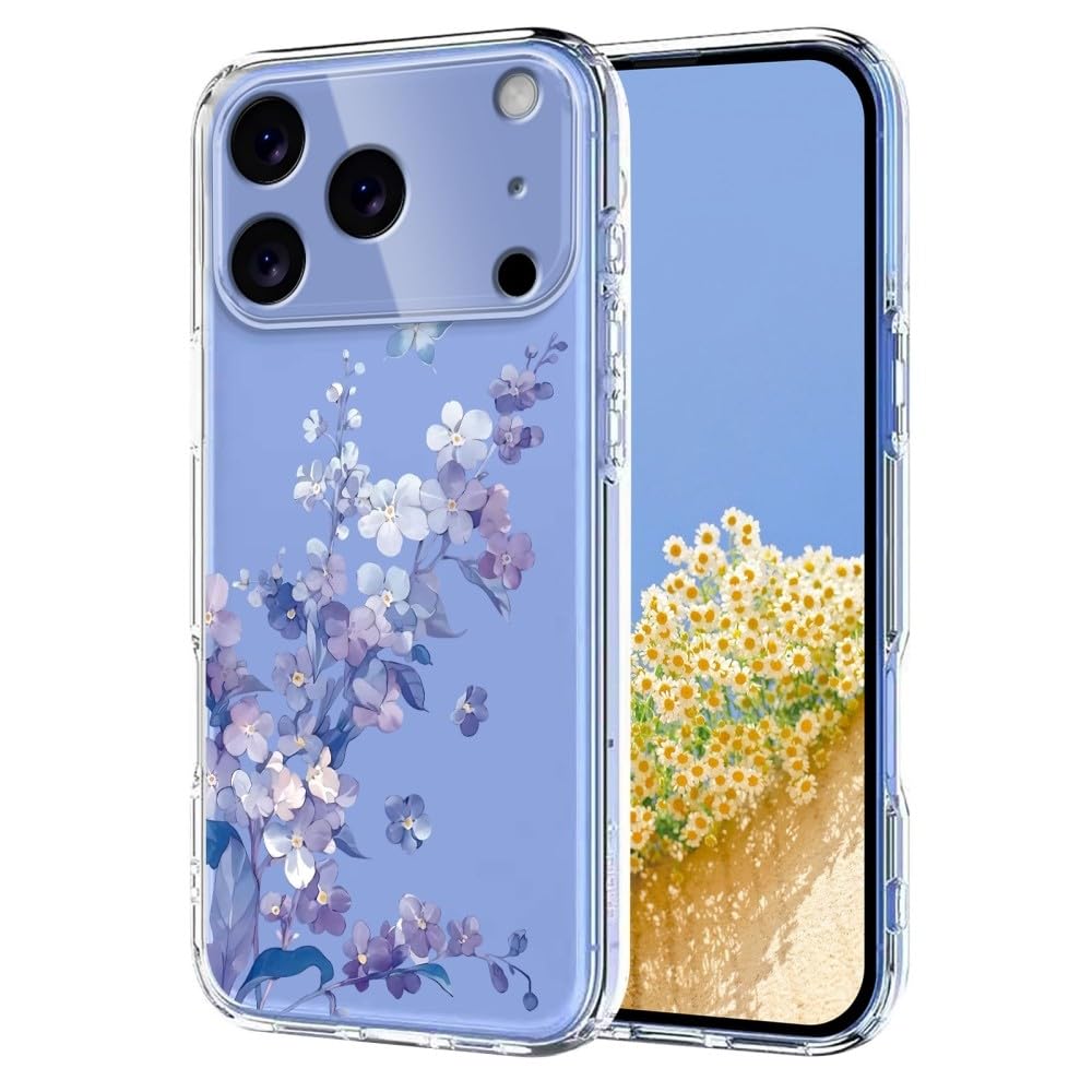 Generic Funda compatible con iPhone 15 (color: violeta) funda de silicona transparente con patrón floral a prueba de golpes
