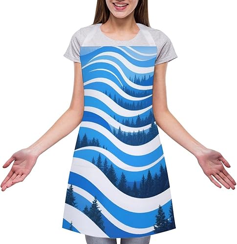 Miniatura 3 de MUSM Apron for Adults - 27.6 X 31.5 Inch, Heavy-Duty Polyester Aprons with Two Large Pockets, Waterproof Forest Abstract Wave Kitchen Apron for