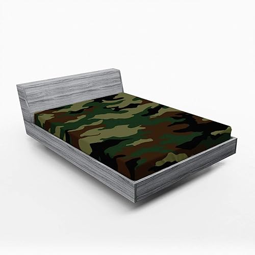 Ambesonne Sábana bajera de camuflaje, diseño de ropa de camuflaje inspirado en uniformes gráficos, funda de cama con bolsillo profundo elástico para