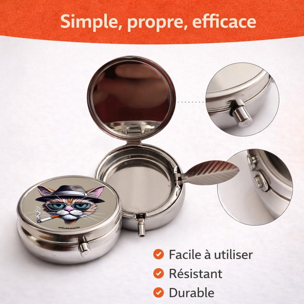 Cendrier de poche Pause Chat – Message humoristique – Chat stylé lunettes & chapeau – Étanche anti odeur – Acier inoxydable – Porte clé amovible – Compact 5 cm 70 g – Accessoire fumeur fun – Atomania