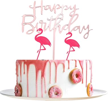 Flamingo Happy Birthday Cake Topper Flamingo Cake Pick Decorations for Tropical Hawaiian Luau Theme Baby Shower kids Birthday Party Supplies