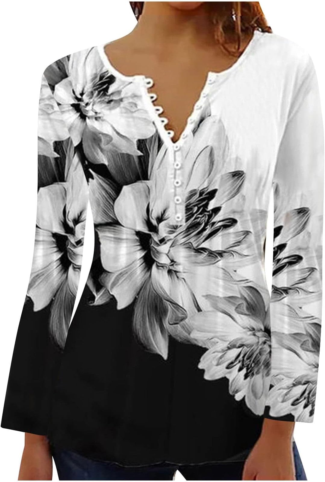 Generic2023 Blouse for Women Casual Tops Dressy Long Sleeve Hide Belly Tunic for Leggings Fall Floral Print Button Up Henley Shirts