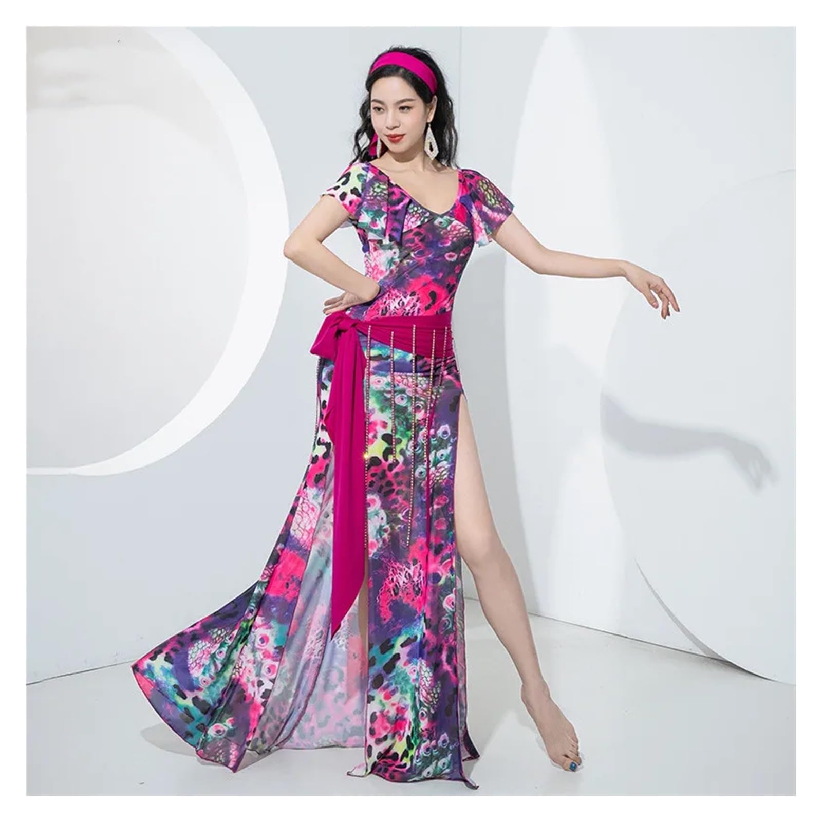 Set di Abiti Shaabi Baladi for Danza del Ventre da Donna, con Maniche Corte a Balze e Stampa, Sexy, con Spacco Laterale