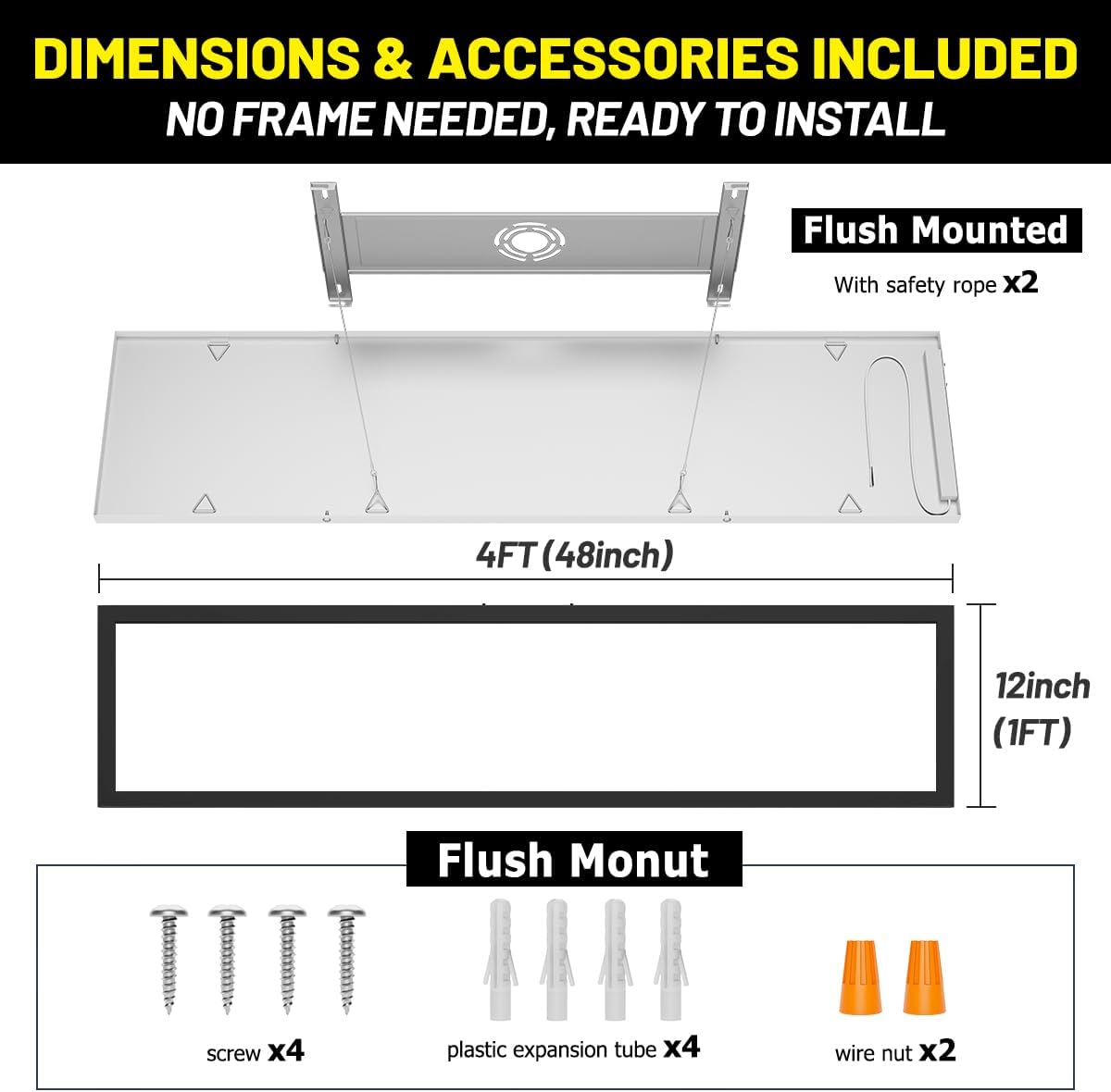 1x4 Led Flat Panel Light Surface Mount 2-Pack, 40W/4980LM, 5CCT 3000K/3800K/4500K/5200K/6000K, Flush Mount Ceiling Light for Kitchen, Garage, Hallway, Office, Black, ETL