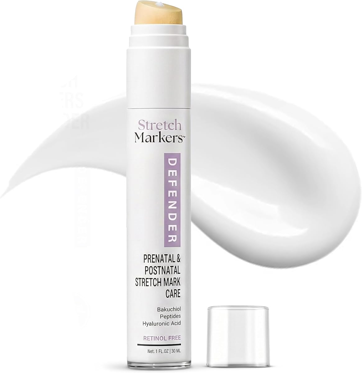 Embarazo Defender – Crema para estrías para el embarazo, reduce visiblemente y trata con bakuchiol, ácido hialurónico, péptidos bioactivos y tecnología de células madre 3D, sin retinol, 1 fl oz