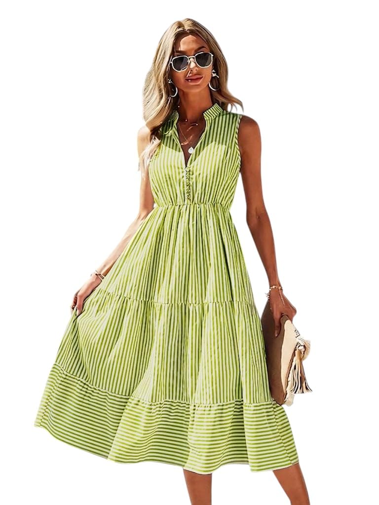 oomph! Women's Striped Sleeveless Midi Dress | Mandarin Collar | Button Placket | Tiered Flared A-Line Casual Summer Dress-picture-23