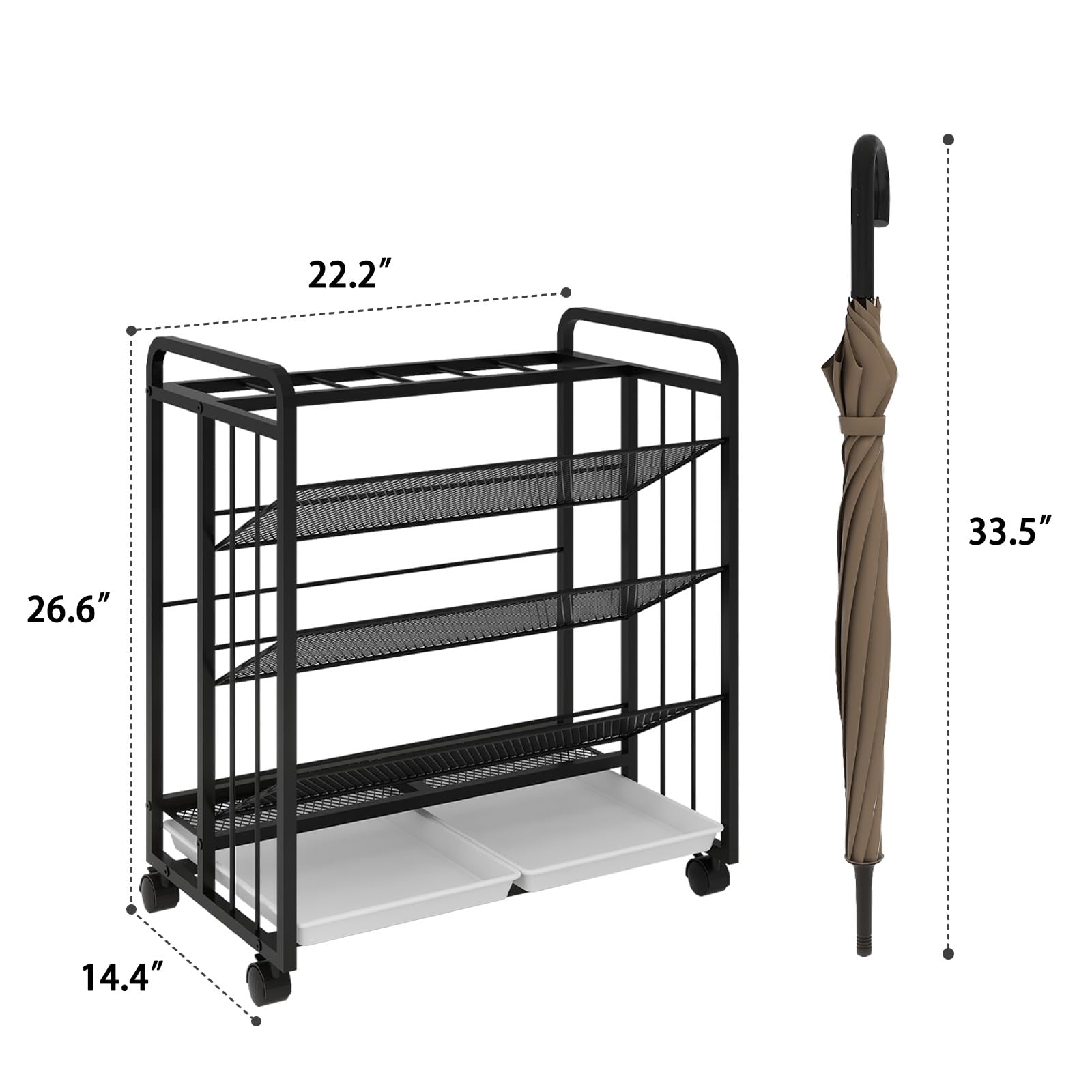 Natwind Umbrella Holder for Entryway,Large Umbrella Stand with Wheels,Commercial Umbrella Organizer Rack with Drip Tray for School,Office, Hotel, Library Indoor Entrance,Black