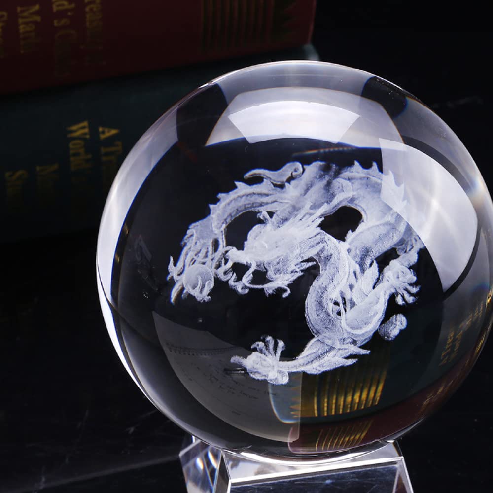 80mm 3D grawerowany smok szklana kula kula Feng Shui dekoracyjna kryształowa kula akcesoria do dekoracji wnętrz (rękodzieło), ze złotą podstawą, 8cm