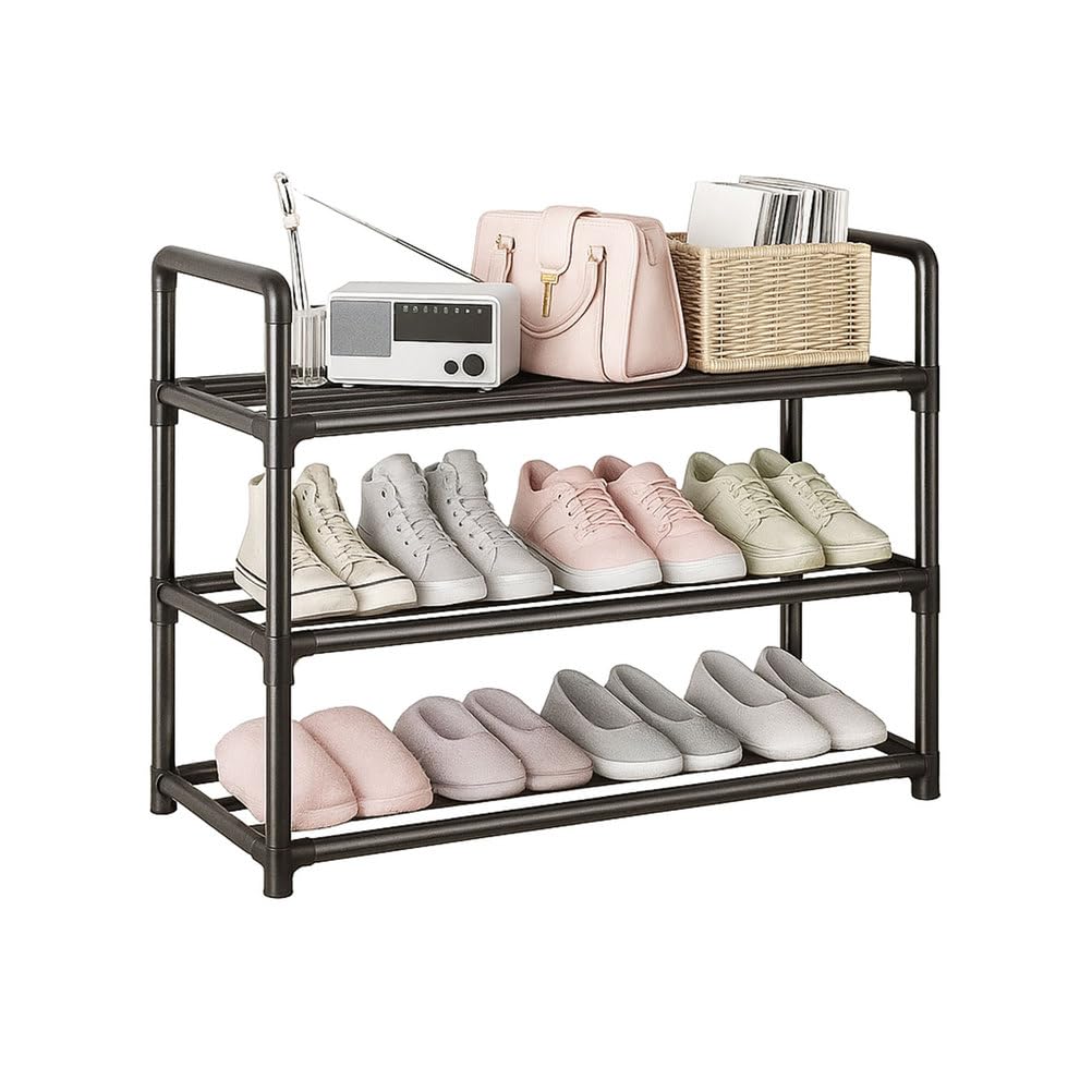 Yinghesheng Shoe Rack, Shoe Storage Organiser, Tool-Free Assembly, Black Long Stackable Shoe Racks, Strong Design, Versatile Metal Storage Rack for Hallway,Bedroom,Bathroom,3 Tier (60W x 56H cm)