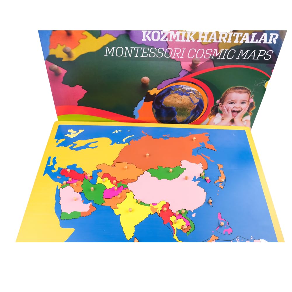 Montessori Map for Asia, Wooden Globe, 3D Puzzle Map of Continents and Countries with Wooden Knobs, Educational Toy - Geography Material - Image 3