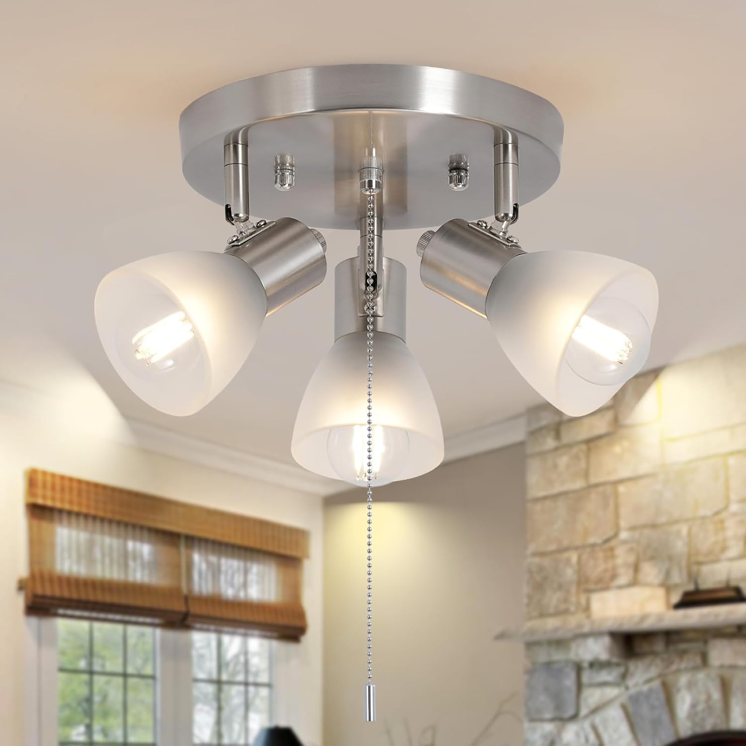 KEESFU 3-Light Brushed Nickel Track Lighting with Pull Chain Switch, Adjustable Flush Mount Ceiling Light with Glass Shades, Multi-Directional for Kitchen, Bedroom, Hallway E12 Base（No Bulbs）