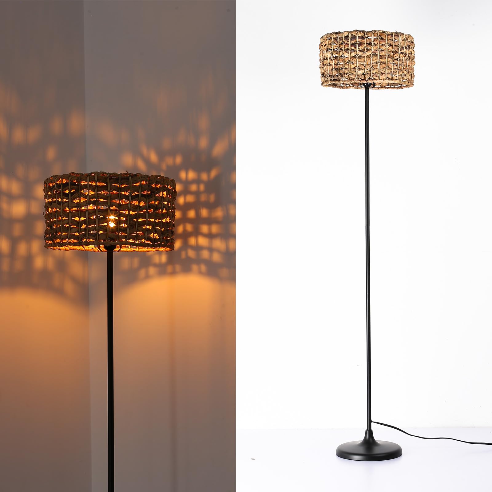 Alpinaluz Stehlampe aus Naturrattan mit Drumshade Lampenschirm, Handgeflochtene Wasserhyazinthe Stehlampe Minimalistisch Modern Klassisch Industrial für Wohnzimmer Schlafzimmer Esszimmer Treppe