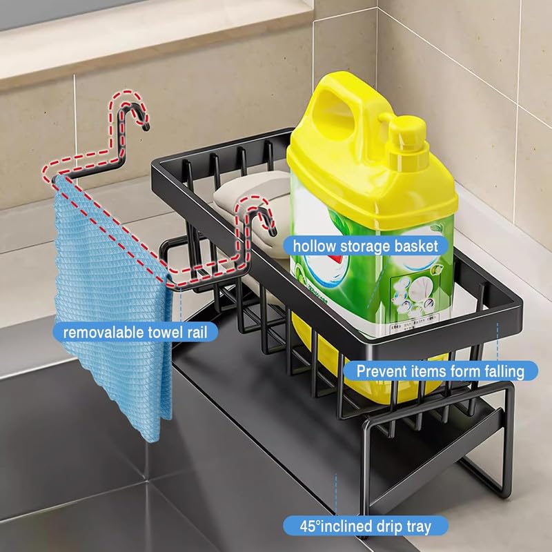 NETXE Kitchen Sink Caddy | Sponge Soap Dispenser & Dish Brush Holder with Removable Drip Tray | SUS304 Stainless Steel Rustproof Sink Organizer for Countertop (Black) 4