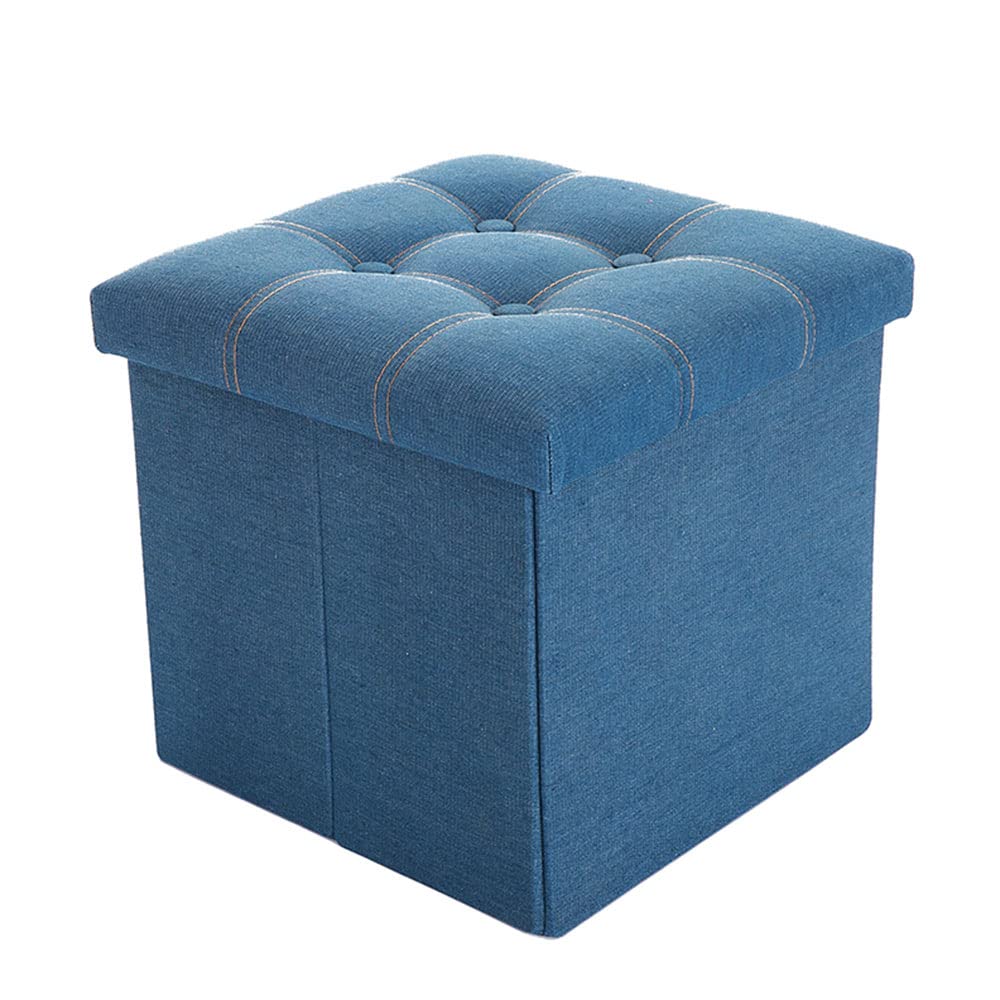TKAS Folding Cube Storage Ottoman, Savings Square Storage for Bedroom and Hallway, Versatile Space-Saving Storage Box with Storage Chest Footrest Padded Seat (Light Blue)