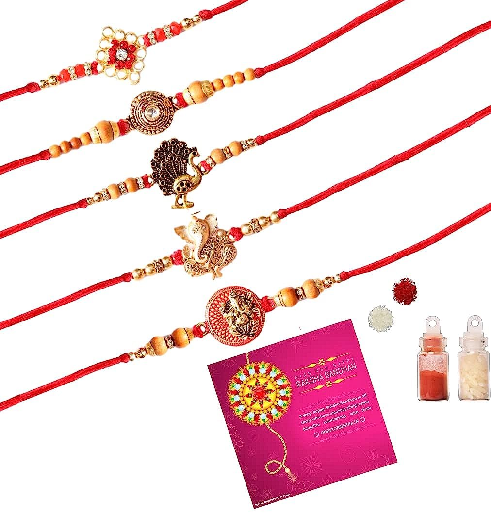 Geetanjali Crafts Handmade Rakhi (Combo of 5) Designer Gold Plated, Pearls and Beads Rakhi for Men Rakhi, Greeting Card and Roli Chawal (B0C9TVQ76J) Amazon Price History, Amazon Price Tracker