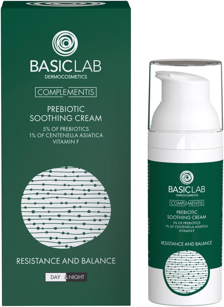 BasicLab Dermocosmetics Prebiotic Soothing Day and Night time Face Cream, 50 ml, For Ladies and Males, Relieves Irritation and Redness, Reduces Pimples, Normalizes Sebum Separation