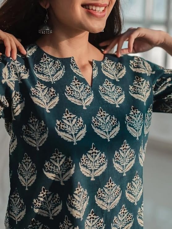 Image of Women's Regular Fit Printed Tunic Top with 3 /4 Sleeves and V Nack Long Length | Short Kurta for Women