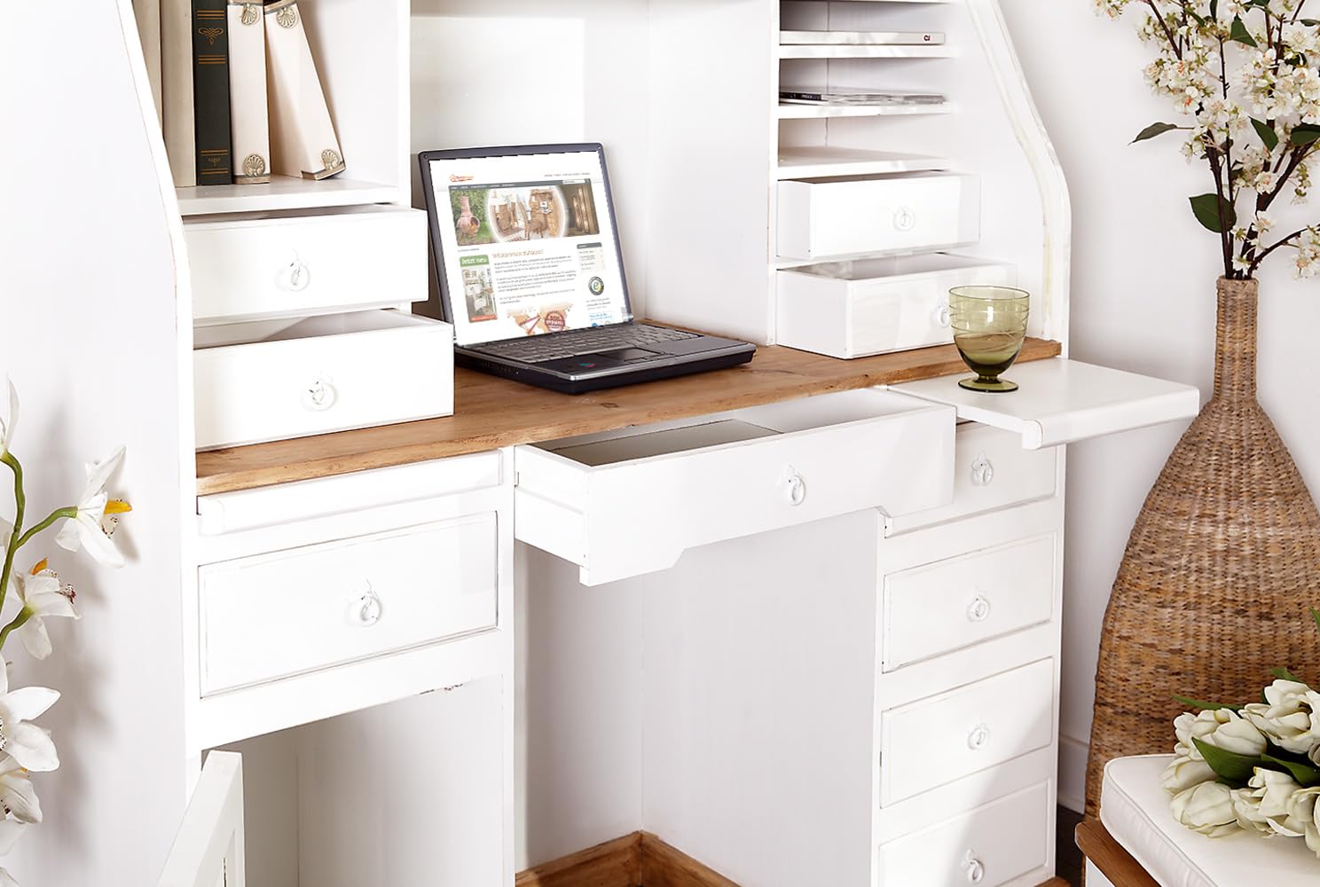 Sekretär Mexico Weiß Honigfarbig - Pinie Massivholz - Landhausstil - Homeoffice Möbel